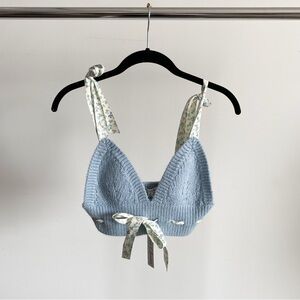 For Love And Lemons Blue Knit Bra with Floral Straps
